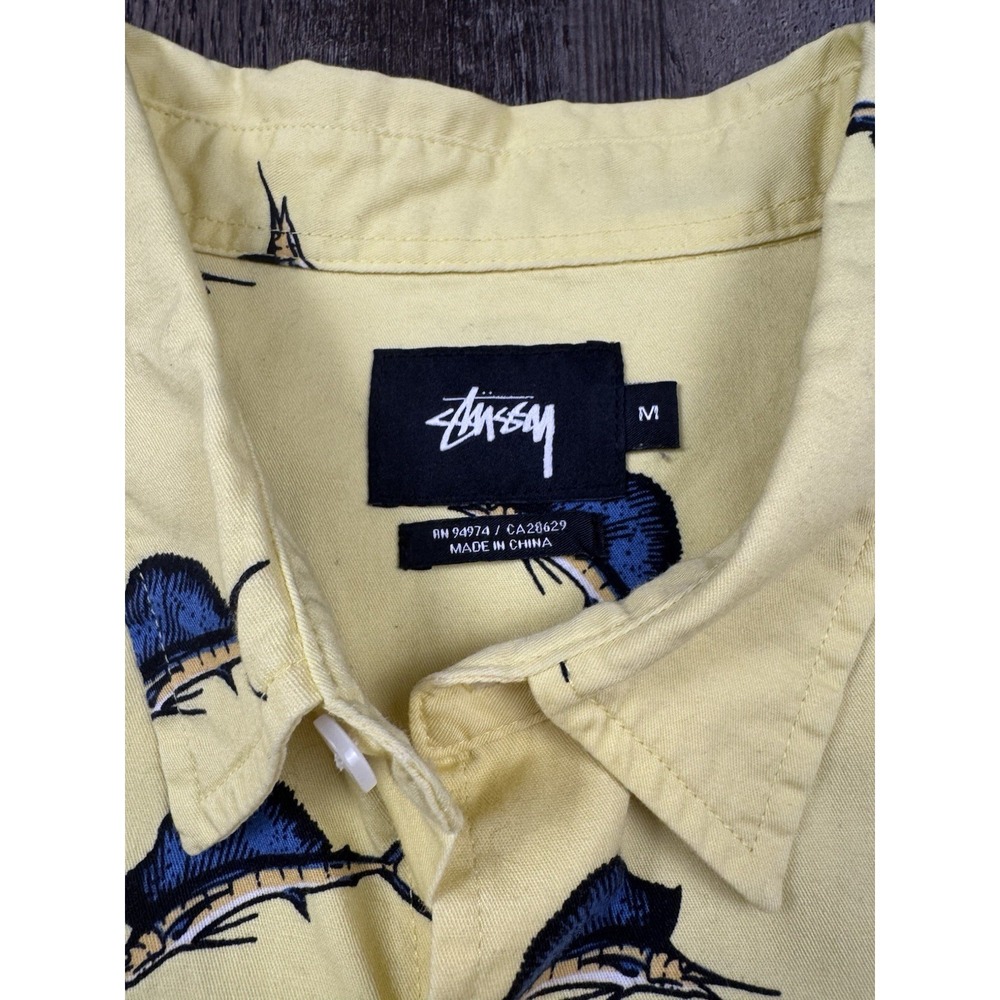 Stussy Marlins Hawaiian Button Up Shirt Yellow Medium Skate Fishing Streetwear - Picture 3 of 8